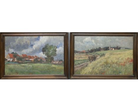 Schmook, Elisabeth (1872 Breslau - München 1940) Drei Arbeiten mit Landschaften mit Dörfern. Öl/Karton (Altersspuren, Kratzer