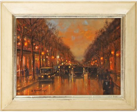 Rasenberger, Gernot (geb. 1943 in Düsseldorf) Berliner Boulevard in der Abendröte. Öl/Lwd., li. u. sign. Ca. 30x 40 cm. R. 