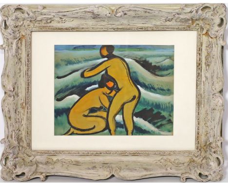 Möller, Rudolf (1881 Schmiedefeld - Lörrach 1967) Badende Akte am Strand. Öl/Papier (l. Knickspur), re. u. sign. und dat. 191