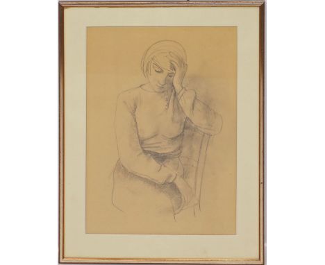 Hofer, Karl (1878 Karlsruhe - Berlin 1955) Nachdenkliches Mädchen auf einem Stuhl. Bleistiftzeichnung/Papier (gebräunt, fleck