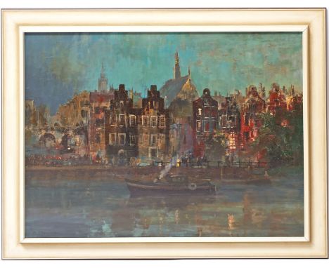 Demmin, Erich (1911 Mecklenburg - Berlin 1997) Nächtliche Ansicht einer Häusezeile an Gracht mit Boot. Öl/Lwd., li. u. sign. 