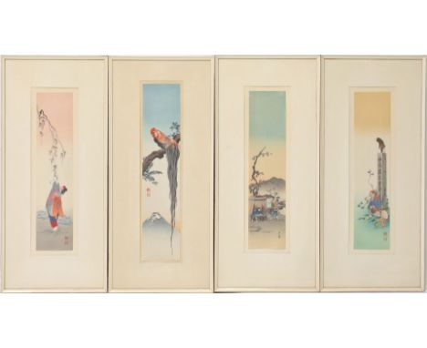 Vier Farbholzschnitte (Japan, um 1900) Böttcher bei der Arbeit, Langschwanzhahn, rastender Gaukler mit Affe und Mädchen beim 