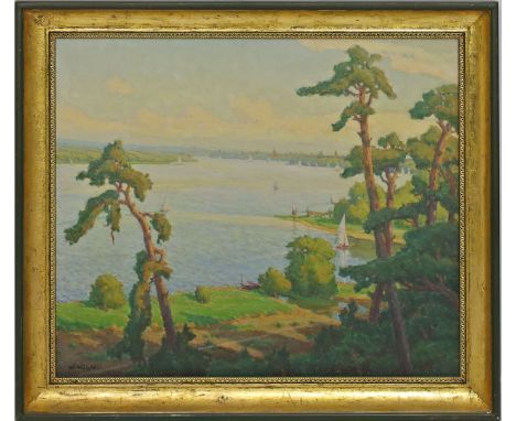 Wilcke, Wilhelm (1888 Templin 1961) Weite sommerliche, belebte Havelansicht. Öl/Lwd., li. u. sign., 50x 60 cm, R.