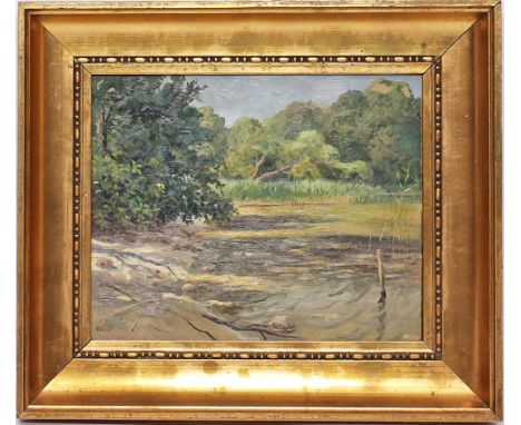 Tübbecke, Hans (1887 Berlin 1959) Märkisches Seeufer. Öl/Platte (kl. Farbfehlstelle), li. u. sign. Ca. 28,5x 35,5 cm. R.