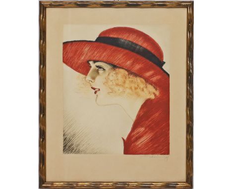 Brüning, Max (1867 Delitzsch - Bad Schachen 1968) Junge Frau mit Hut im Profil. Farbradierung (min. Flecken, gebräunt), re. u