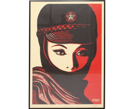 Fairey, Shepard "Obey" (geb. 1970 Charleston) "PEACE", so in der Darstellung betitelt. Farbserigraphie/Papier, re. u. mit Ble