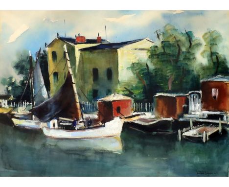 Jacobi, Rudolf (1889 Mühlhausen - München 1972) Hafen mit Segelbooten. Aquarell mit Deckweiß/Fabriano-Bütten (Kanten an PP. m