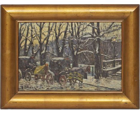 Pallmann, Kurt (1886 Berlin 1952) Nächtliche, verschneite Ansicht am Lützowufer mit Droschken. Öl/Lwd./Karton, li. u. sign. 2