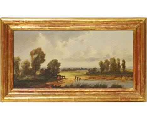 Demmin, Erich (1911 Mecklenburg - Berlin 1997) Spaziergänger auf Weg neben Teich, im Hintergrund Stadtsilhouette. Öl/Holztafe