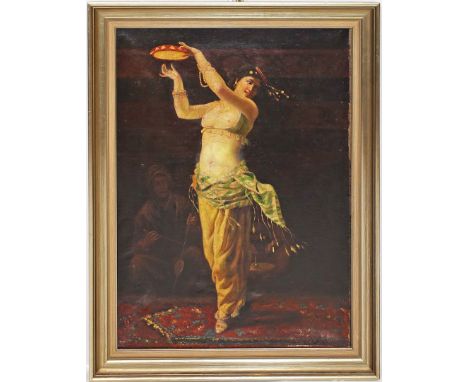 Unbekannter Maler (19./20. Jh.) Odaliske. Öl/Lwd. (Druckstelle, Altersspuren), re. u. Restsign. Ca. 70,5x 52,5 cm. R.