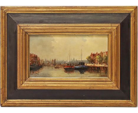 Demmin, Erich (1911 Mecklenburg - Berlin 1997) "Amsterdam", so rückseitig bez. Öl/Holztafel, re. u. sign. 16x 29 cm. R.