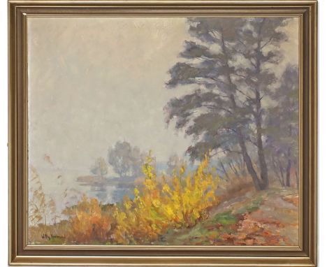 Herrmann, Willy (1895 Berlin 1963) Märkische Uferlandschaft. Öl/Platte., li. u. sign. Ca. 50x 60 cm. R.