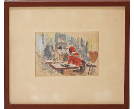 Laible, Otto (1898 Haslach im Kinzigtal 1962) Beim Brettspielen. Mischtechnik (Altersspuren, l. fleckig), li. u. sign. und da