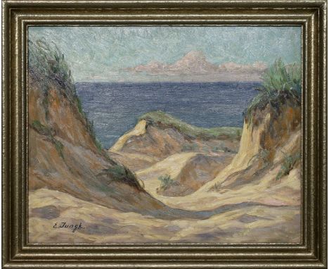 Jungk, Elfriede (1889 Berlin 1954) Dünenlandschaft. Öl/Hartfaserplatte, li. u. sign. 40x 50 cm. R.