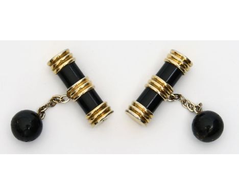 Paar Vintage-Manschettenknöpfe, "Yves Saint Laurent". Metall, vergoldet (teils berieben) und wohl schwarzes Glas. Stabförmige