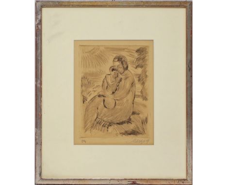 Maetzel, Emil (1877 Cuxhaven - Hamburg 1955) Mutter mit Kind am Ufer. Kaltnadelradierung (gebräunt), re. u. mit Bleistift sig