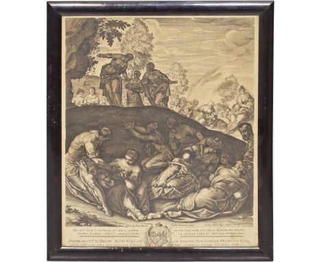 Kilian, Lukas ( 1579 Augsburg 1637) Die wundersame Brotvermehrung nach Tintoretto (1602). Kupferstich (Altersspuren), Blattma