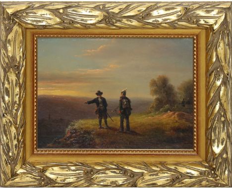 Kühne (19. Jh.) Auf der Jagd. Öl/Malpappe, verso sign. Ca. 15,5x 22 cm. R.