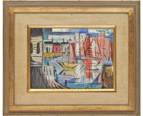 Takis, Nicholas (1903 New York 1965) Segelboote im Hafen. Öl/Lwd./Karton, re. o. sign. 22,5x 30,5 cm. R.