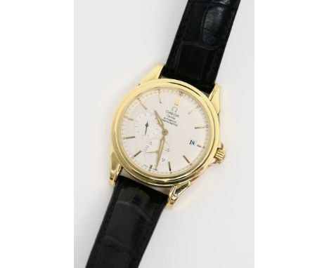 Herrenarmbanduhr "OMEGA". Modell "DeVille Co-Axial Chronometer". Rundes Gehäuse mit verschraubtem Boden 750/000 GG. Mattsilbe