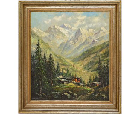 Wegener, Adolf (geb.1891) Hütte am Gebirgsbach mit Blick auf Dorf im Tal. Öl/Lwd., li.u.sign.. 80x70,5 cm. R.