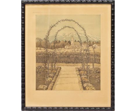 Sieck, Rudolf (1877 Rosenheim - Prien am Chiemsee 1957) Blick aus Garten auf weite Voralpenlandschaft. Farbradierung (gebräun