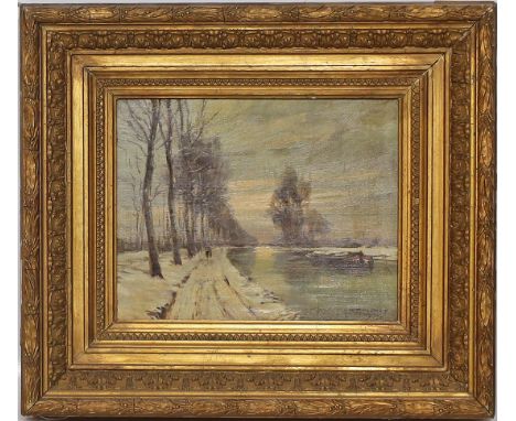 Unbekannter Maler (Ende 19. Jh.) Winterlandschaft mit Spaziergänger am Fluß. Öl/Holz, r. u. unleserlich sign. 22x 27 cm. R.