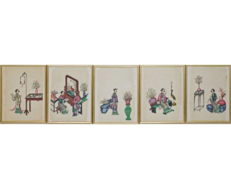 Unbekannter Maler (China, 2. Hälfte 19. Jh.) Fünf Darstellungen von Damen bei verschiedenen Tätigkeiten. Gouache auf so genan