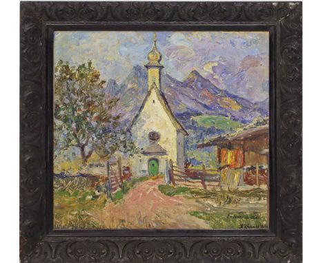 Krause-Osten, Friedrich (1884 Riga - Bautzen 1964) Impressionistische Sommerlandschaft mit Kapelle vor Gebirgspanorama. Öl/Lw
