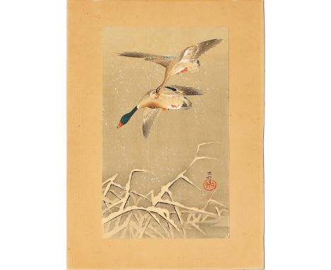 Ohara, Koson (1877 Kanazwara - Tokio 1945) Verschneites Seeufer mit Schilf und auffliegenden Wildenten. Farbholzschnitt. Kall