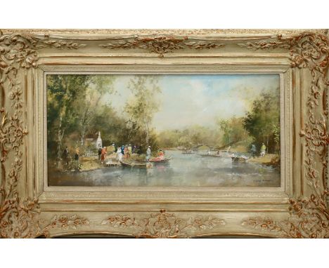 Pallmann, Peter Götz (1908 Berlin 1966) Sommertag mit Ausflüglern in Booten und an Anlegestelle. Pastell, re. u. sign. Ca. 30