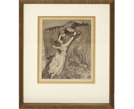 Klinger, Max (1857 Leipzig- Großjena 1920) Satyr mit Nymphe: "Zelt I. Nr. 21". Radierung (Kanten gebräunt), re. u. in der Pla