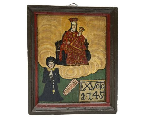 Votivtafel von 1745. Gnadenbild. Farbige Tempera-Bemalung (Risse), in Kartusche dat. 1745.  D. 18x 14 cm. R.