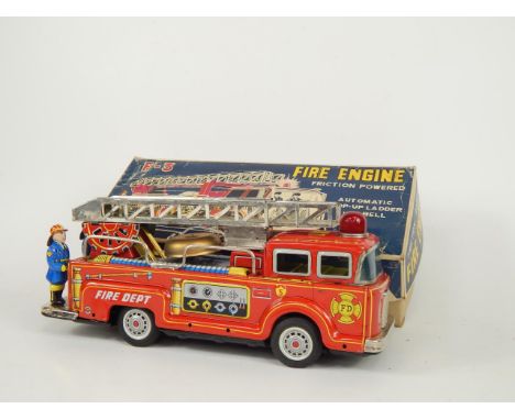 A Japanese tin plate friction driven Fire Engine, automatic pop up ladder with bell, F-3, boxed.