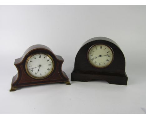 An Edwardian inlaid mahogany mantel clock, with French timepiece movement together with another, 13cm and 16cm respectively, 