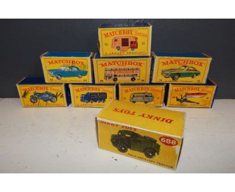 Matchbox Series die cast cars and vehicles, and a Dinky Toys Field Artillery Tractor, 688, all boxed, (9).