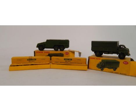 A Dinky Armoured Command Vehicle No 677, 3-Ton Army Wagon No 621, and two sets of Army Personnel-Private (seated) No 603, all