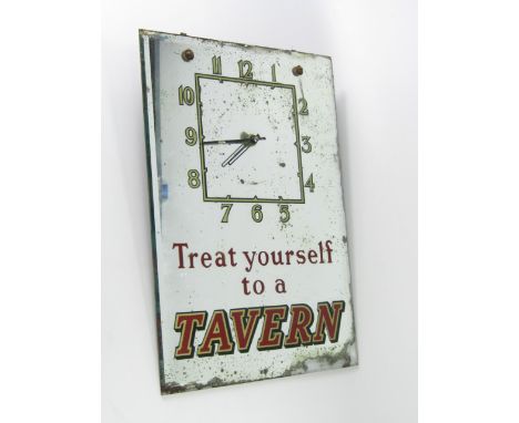 A mid 20thC mirrored glass advertising wall clock 'Treat Yourself to a Tavern', battery operated, 41cm x 29.5cm.