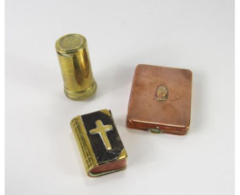 An early Dr Barnados match book and copper case, bible lighter and Magic Pocket Savings Bank patent, (3).