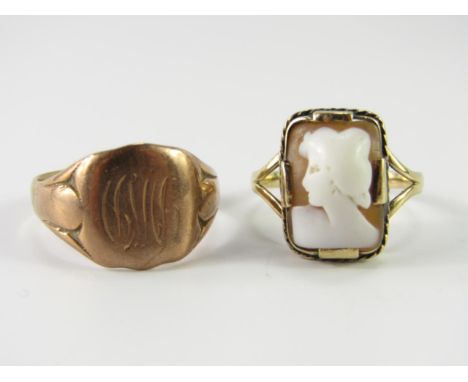 A gentleman's signet ring, rose metal, monogram engraved, stamped 9ct, size P, 4.3g, and a lady's cameo ring, bust portrait o