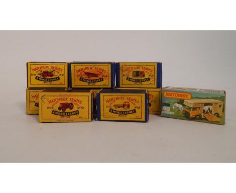 Lesney Matchbox Series, including a horse box, tractor, crane and a rowing boat on trailer, boxed, (9).