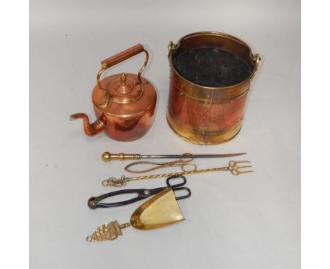 A Victorian style copper kettle with acorn finial, brass and copper coal bucket and accessories.
