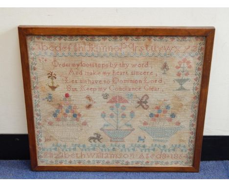 A Victorian needlework sampler worked by Elizabeth Williamson Aged 8 1864, with alpha numeric script and pictorials, 35cm x 4