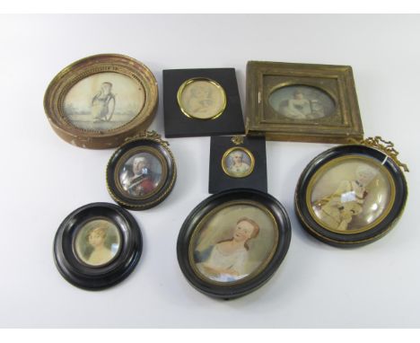 A group of 19thC portrait miniatures, prints and small pictures in miniature frames, (8).