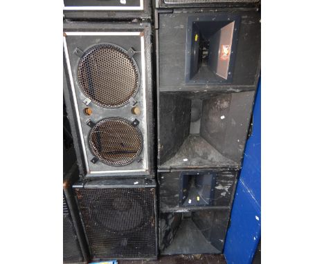 A pair of twin 12" speaker cabinets, (no speakers), a 14" speaker base cabinet, two Electrovoice bass bins, model HP66, (5). 