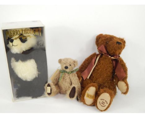 A Merrythought cinnamon centenary growler teddy bear 2002, Pandomoniam bear, boxed, and a Dean's Rag Book Hugo Bear, limited 