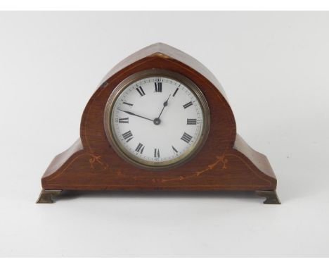 An Edwardian string inlaid mahogany mantel clock, with Swiss timepiece movement, 15cm high.