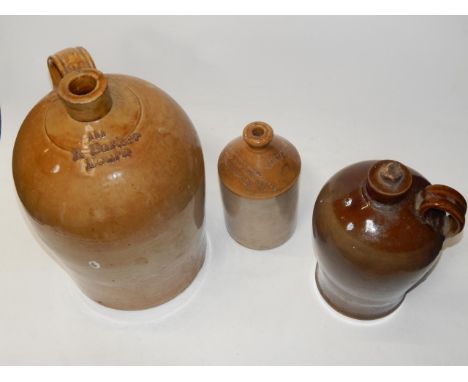 A stoneware 19thC flagon R Barker, Bourn, 44.5cm high, further flagon, and a two tone jar, Hardy's Kimberley Brewery Ltd, (3)