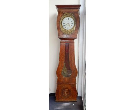 A French Comtoise 19thC pine longcase clock, by Darmais au Coteau, enamel dial bearing Roman numerals in an embossed floral b