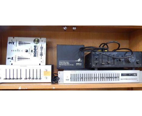 A Realistic twelve band stereo frequency equalizer, five band stereo frequency equalizer, MPA 25 20 watt P A Amplifier, KQM G